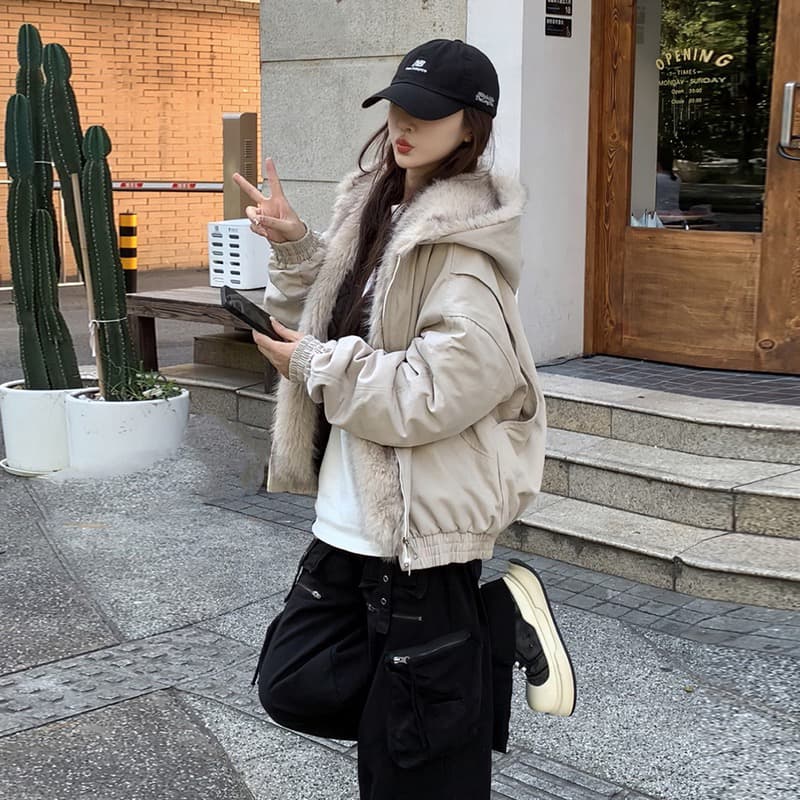 모피 칼라 좌 산 조각 재킷 면 의류 남녀 루즈핏 아메리칸 워크웨어 2026 새로운 재킷 털이 있는 겨울 보온 이미지 5