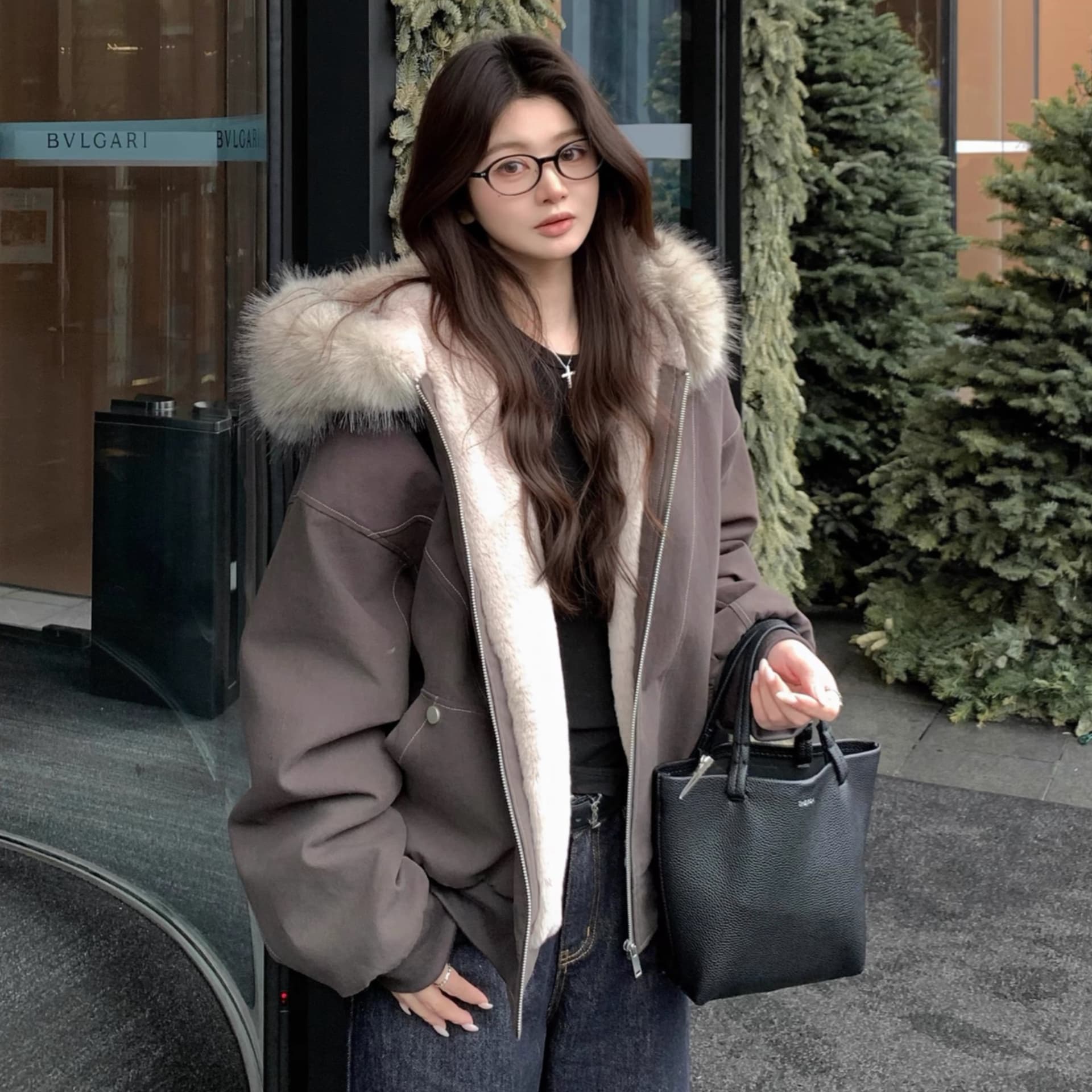 모피 칼라 좌 산 조각 재킷 면 의류 남녀 루즈핏 아메리칸 워크웨어 2026 새로운 재킷 털이 있는 겨울 보온 이미지 2