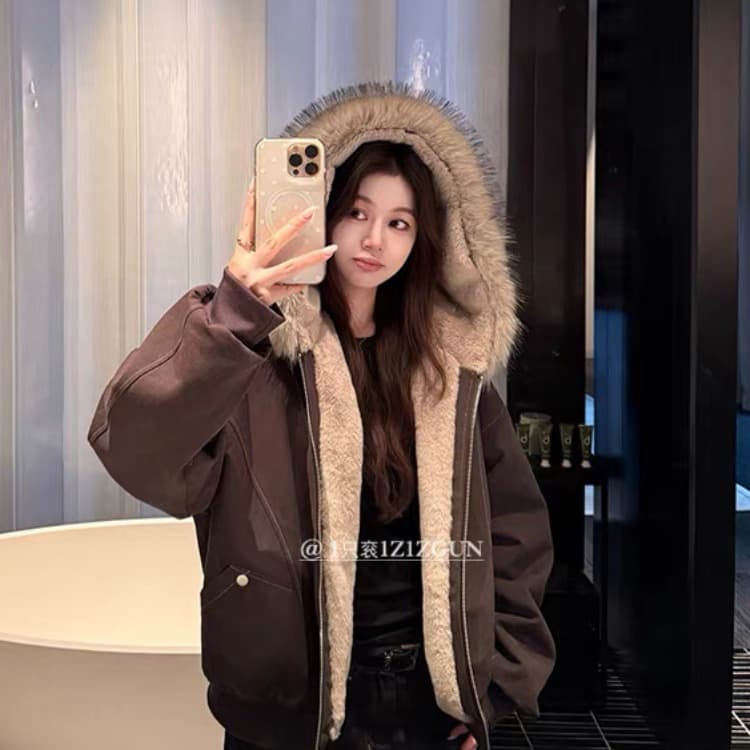 모피 칼라 좌 산 조각 재킷 면 의류 남녀 루즈핏 아메리칸 워크웨어 2026 새로운 재킷 털이 있는 겨울 보온 이미지 5