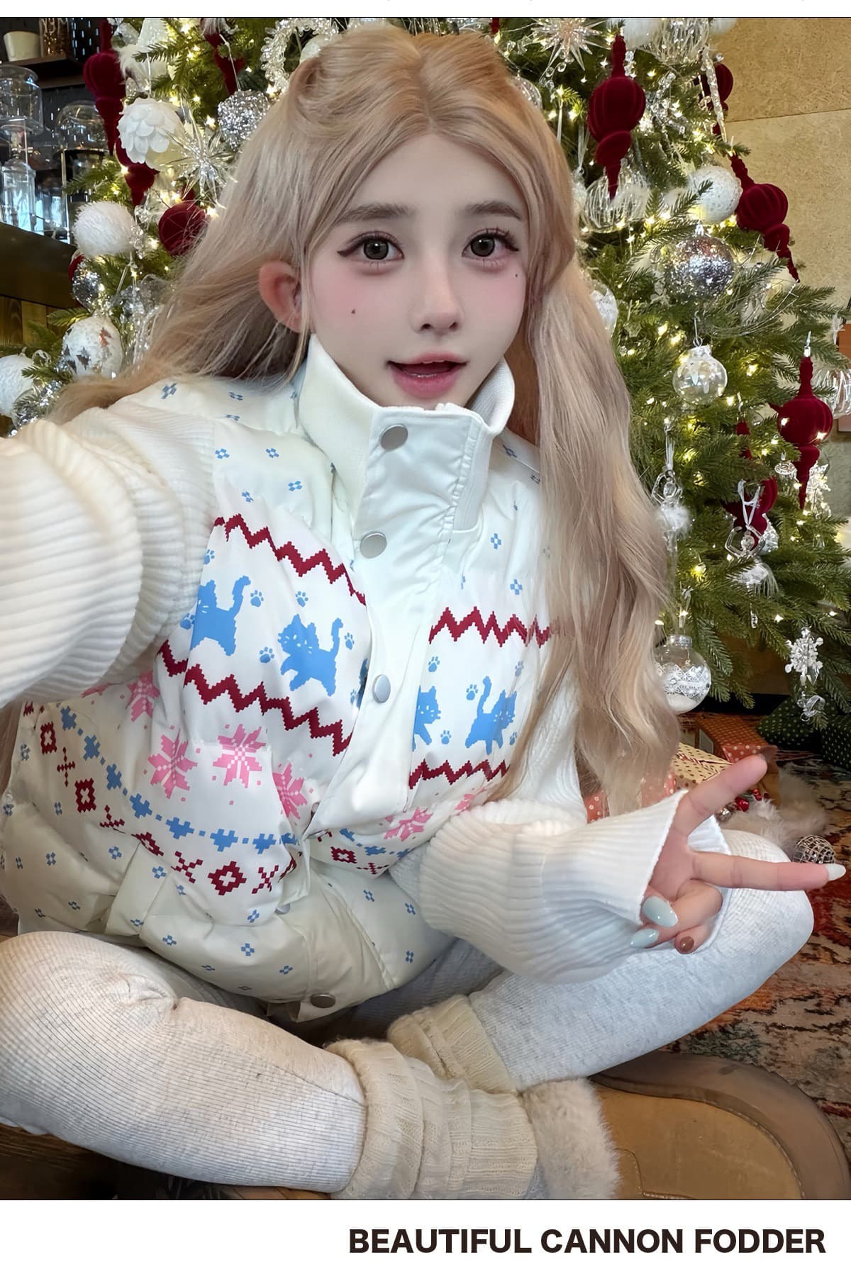 달콤한 차가운 공정한 섬 패치워크 니트 스탠드 칼라 면 의류 여성 겨울 한 부서 솜을 넣은 보온 두꺼운 슬림해 보이는 면 옷 재킷 상세 이미지 3