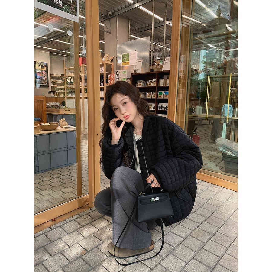 버블 푸 링 그리드 아래 면화 의류 가을 겨울 격자무늬 쇼트 스타일 작은 키 패션 얇고 가벼운 면 옷 솜을 넣은 루즈핏 여성 코트 상세 이미지 5