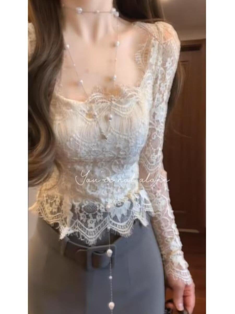 가을 순수한 욕망 화이트 프랑스식 광장 칼라 긴팔 레이스 셔츠 여성 백리스 품격 몸매 가꾸기 인사이드 가져 가라. 만나는 쇼트 스타일 맨위 이미지 3