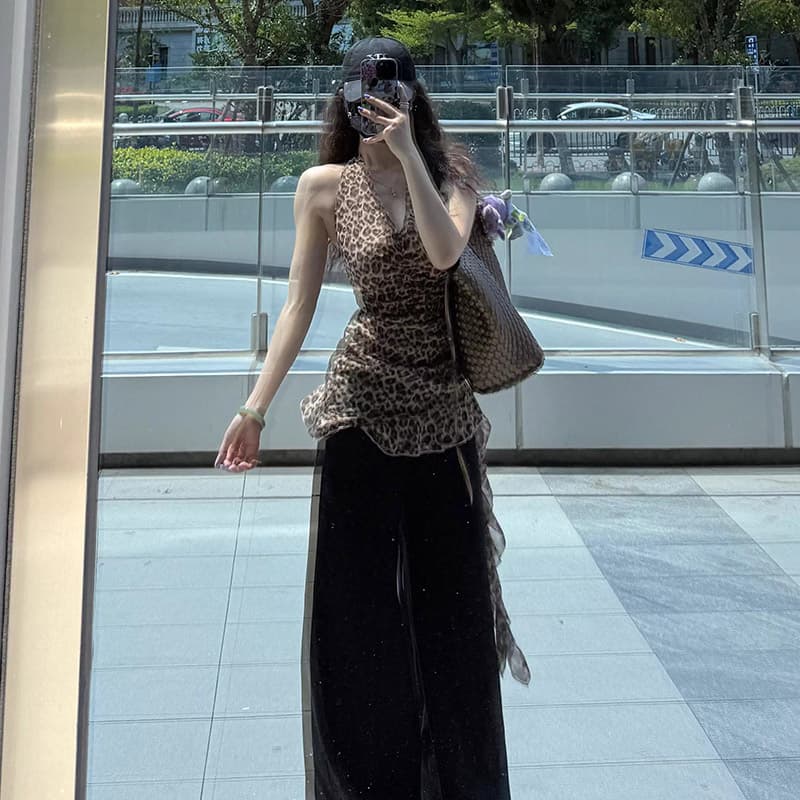 아메리칸 달콤한 차가운 핫걸 레오파드 무늬 행침 목 V넥 캐미솔 여름 외출용 민소매 티셔츠 맨위 이미지 2