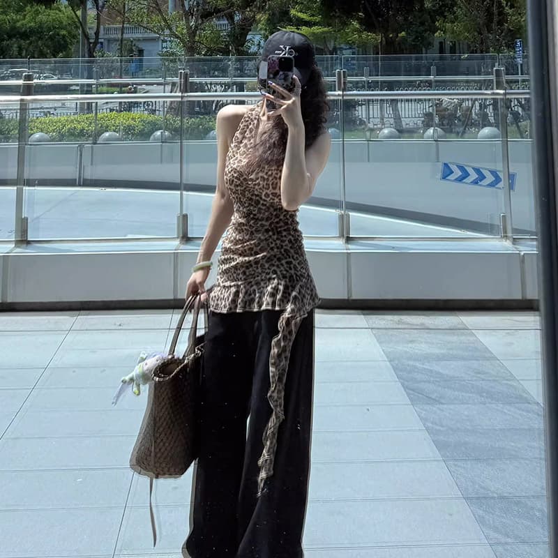 아메리칸 달콤한 차가운 핫걸 레오파드 무늬 행침 목 V넥 캐미솔 여름 외출용 민소매 티셔츠 맨위 상세 이미지 2
