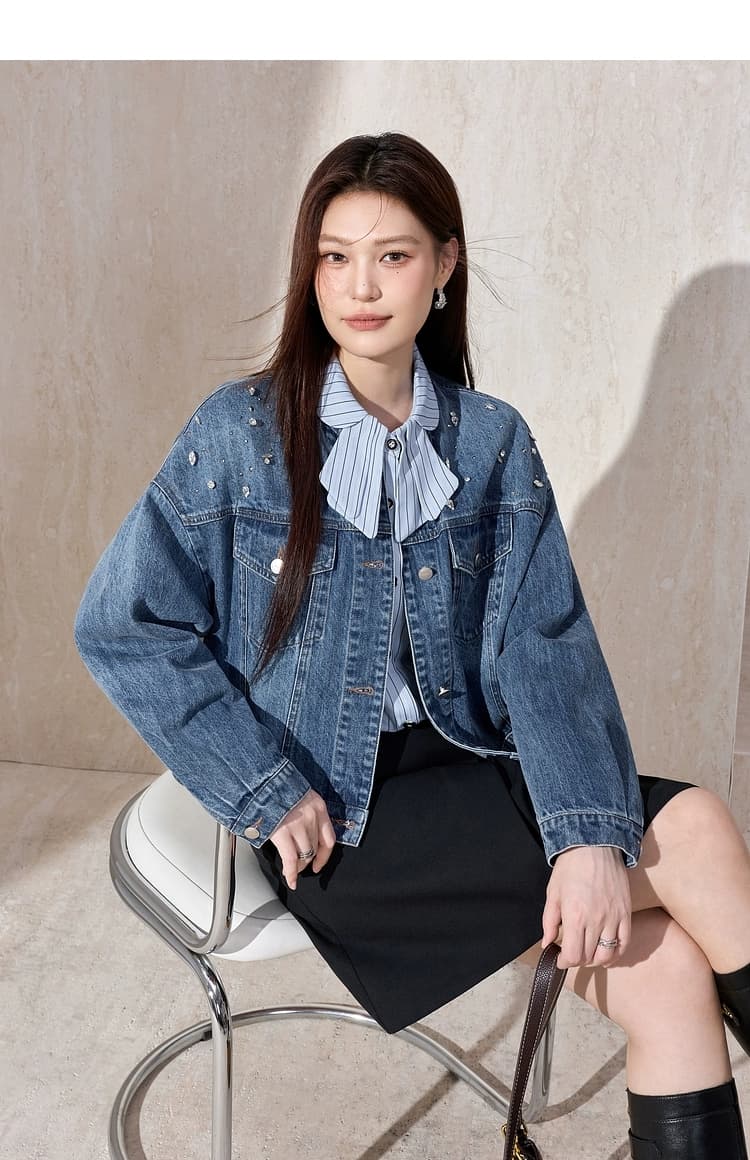 블루 언어 빅 사이즈 여성 의류 지방 mm 2026 봄 소금 부서 착용 가져 가라. 수공 비즈 박기 핫픽스 워싱 데님 맨위 재킷 상세 이미지 4