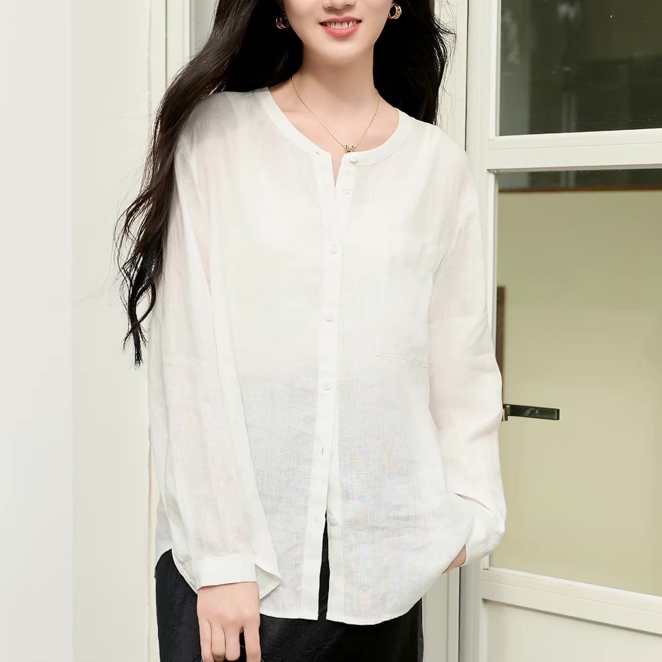 100 아마 2026 봄 여름 새로운 긴팔 셔츠 셔츠 루즈핏 자외선 차단 출퇴근 여성 s 이미지 5