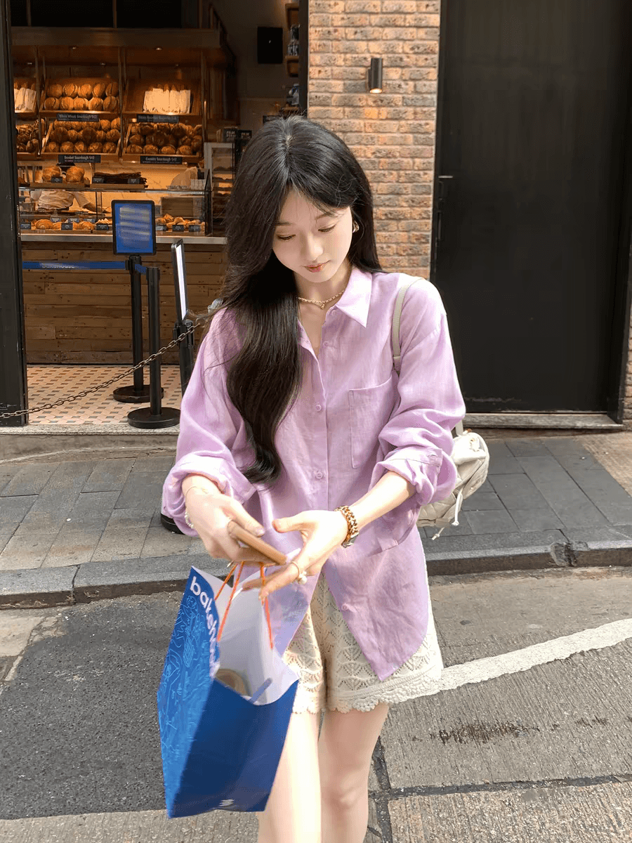 전체 아마 느슨함 센스 마이크로 주름 질감 여성 셔츠 새로운 구슬 빛 단추 다용도 프로필 모양 셔츠 상세 이미지 1