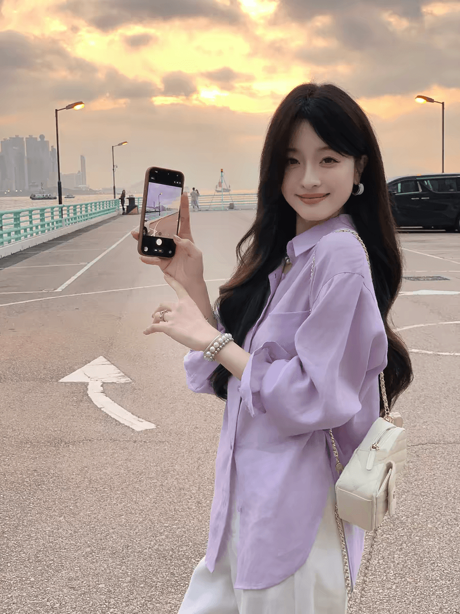 전체 아마 느슨함 센스 마이크로 주름 질감 여성 셔츠 새로운 구슬 빛 단추 다용도 프로필 모양 셔츠 상세 이미지 5