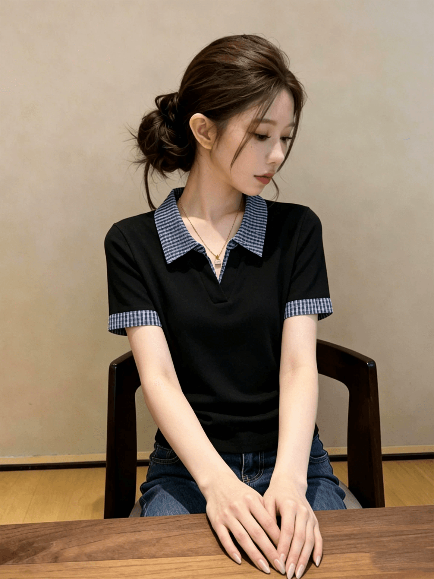 빅 사이즈 지방 mm 학원 스타일 검정색 체크무늬 폴로 칼라 반팔 티셔츠 여성 여름 새로운 출퇴근 패션 다용도 맨위 이미지 3