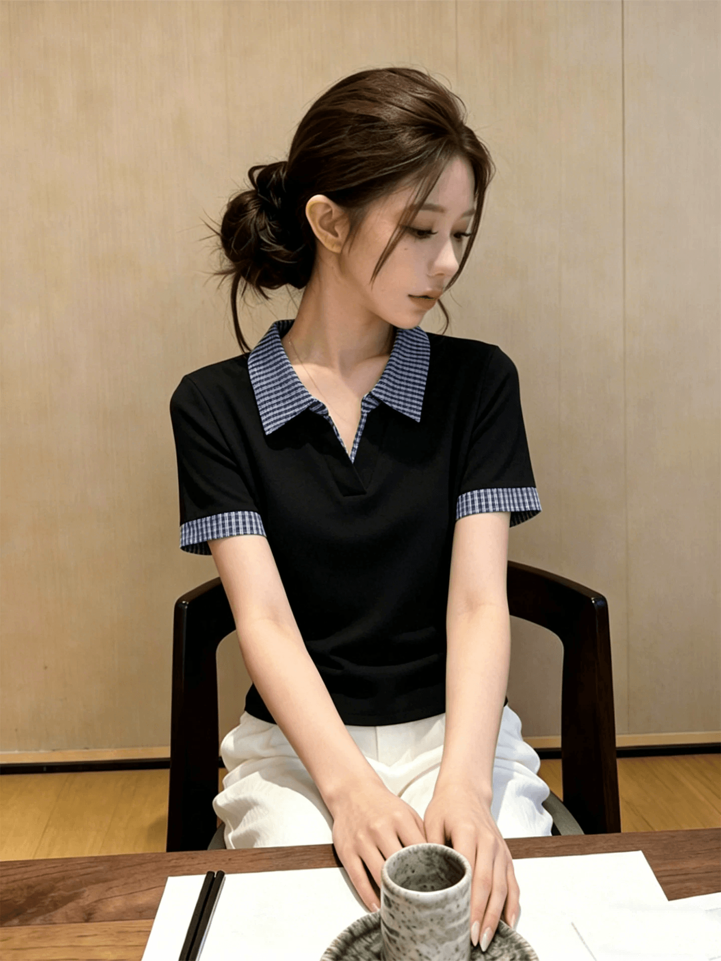 빅 사이즈 지방 mm 학원 스타일 검정색 체크무늬 폴로 칼라 반팔 티셔츠 여성 여름 새로운 출퇴근 패션 다용도 맨위 상세 이미지 1
