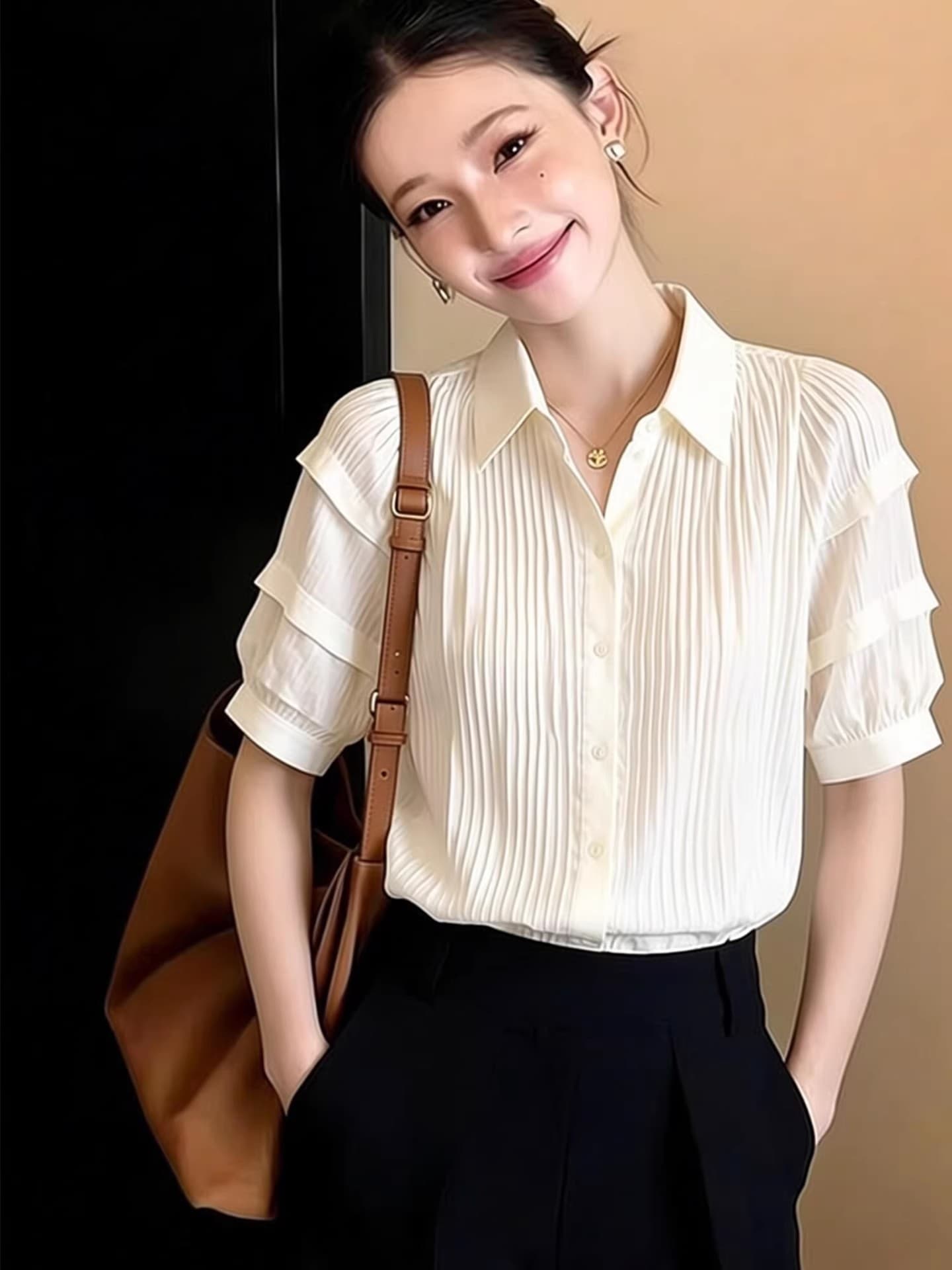 프랑스식 디자인 센스 화이트 거품 소매 여성 셔츠 2026 여름 새로운 자이언트 잘 생긴 품격 연령 감소 슬림해 보이는 맨위 상세 이미지 4