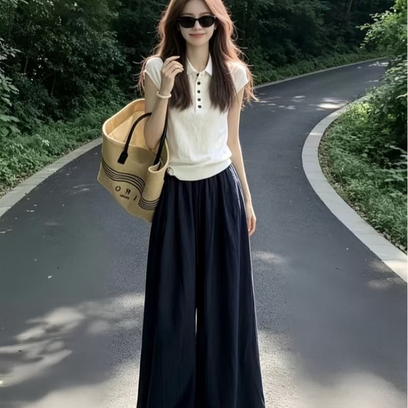 한 부서 그레이트 통해보기 가져 가라. 전체 집합 2026 새로운 여름 화이트 polo 반팔 티셔츠 여성 와이드 레그 팬츠 세트 상세 이미지 1