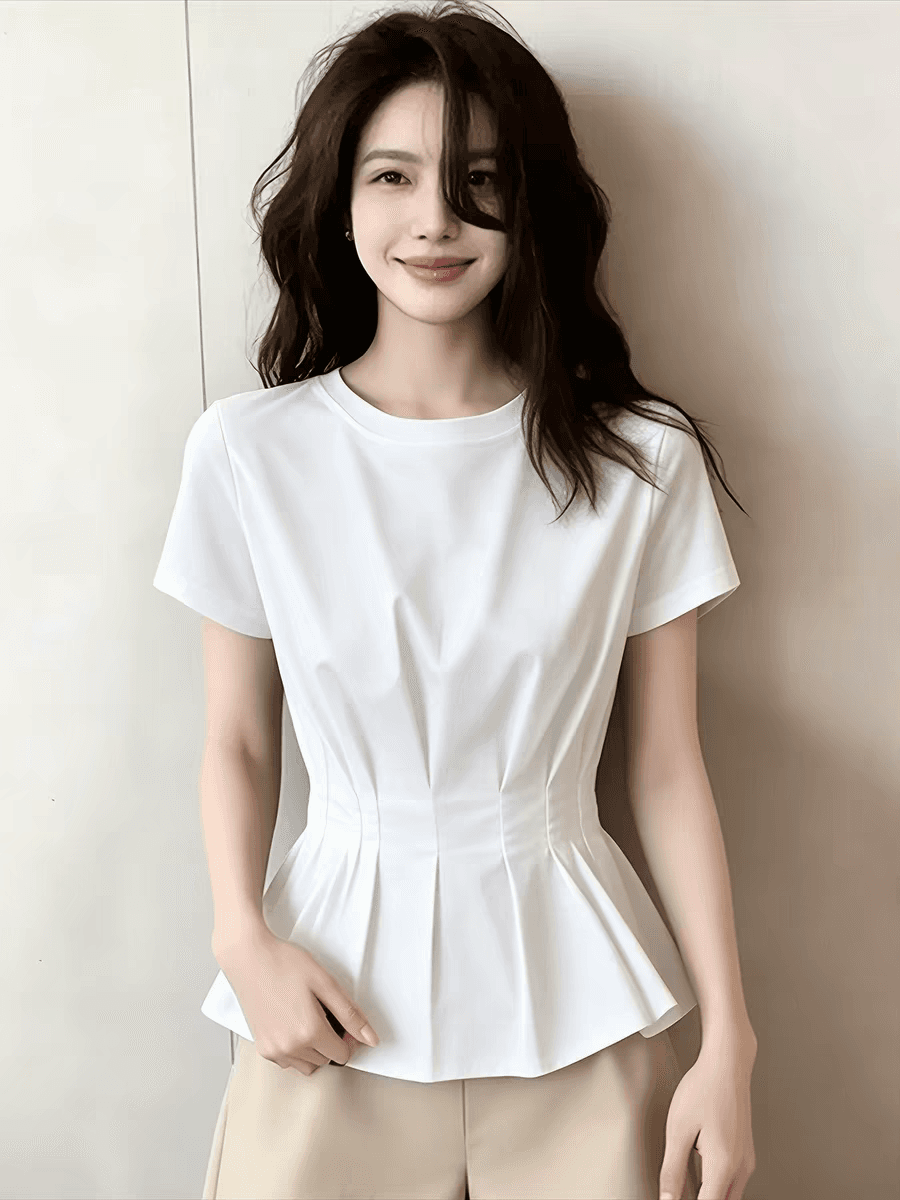 고유 한 Chic 캐주얼 라운드 넥 여성 셔츠 여름 2026 년 새로운 미니멀리즘 허리 수축 셔츠 외국 가스 연령 감소 반팔 상세 이미지 4