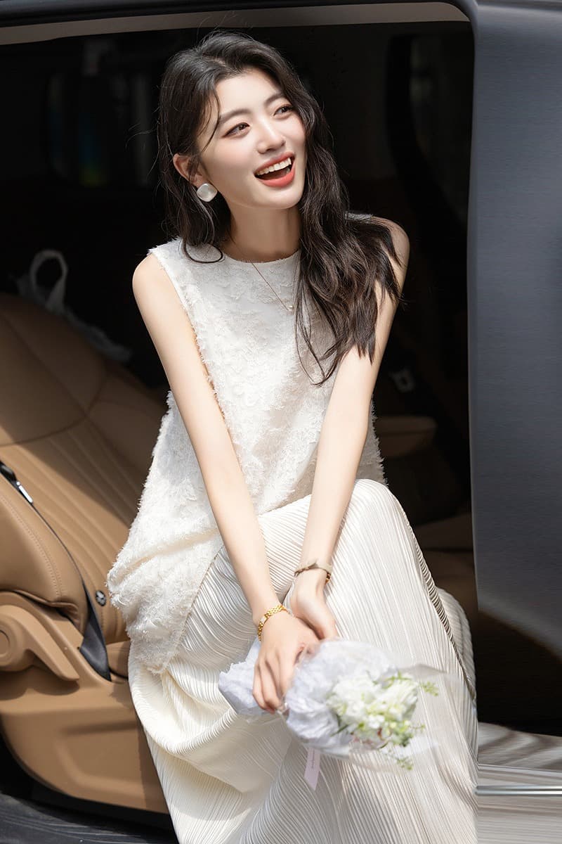 유럽 만약 바람 페이크 레이어드 여름 얇고 가벼운 느긋한 3 차원 전단 꽃 없음 허리 선 스트레이트 플리츠 여성 드레스 이미지 4