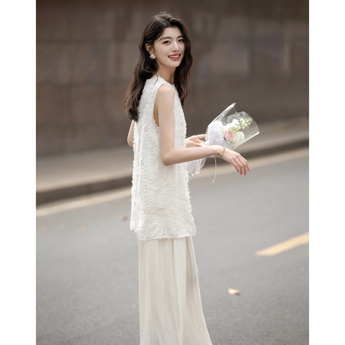 유럽 만약 바람 페이크 레이어드 여름 얇고 가벼운 느긋한 3 차원 전단 꽃 없음 허리 선 스트레이트 플리츠 여성 드레스 상세 이미지 5