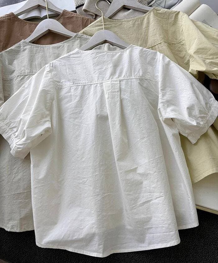 라운드 넥 순면 여성 셔츠 여름 새로운 루즈핏 슬림해 보이는 미니멀리즘 작은 대중 디자인 센스 반팔 기초 섹션 연령 감소 맨위 이미지 2