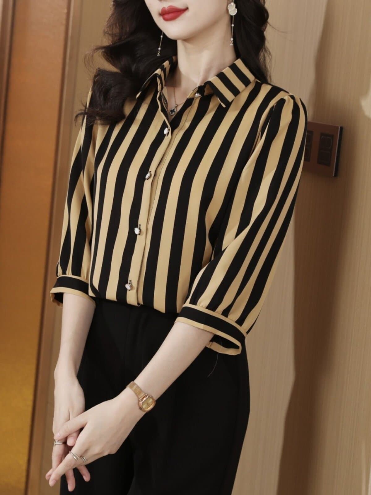 폴로 칼라 스트라이프 쉬폰 여성 셔츠 7부 소매 2025 봄 여름 얇은 스타일 품격 패션 경력 루즈핏 슬림해 보이는 셔츠 상세 이미지 1