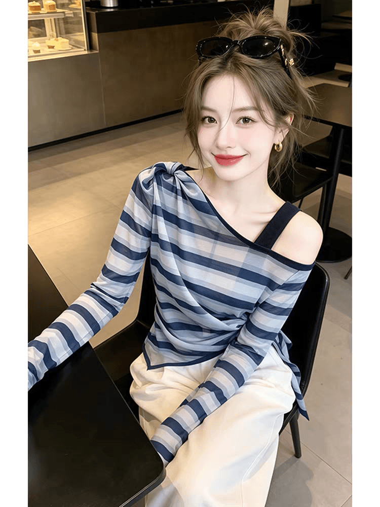 느긋한 캐주얼 품격 패션 맨위 여성 2026 여름 새로운 루즈핏 다용도 스트라이프 레이스업 블라우스 자외선 차단 의류 상세 이미지 2