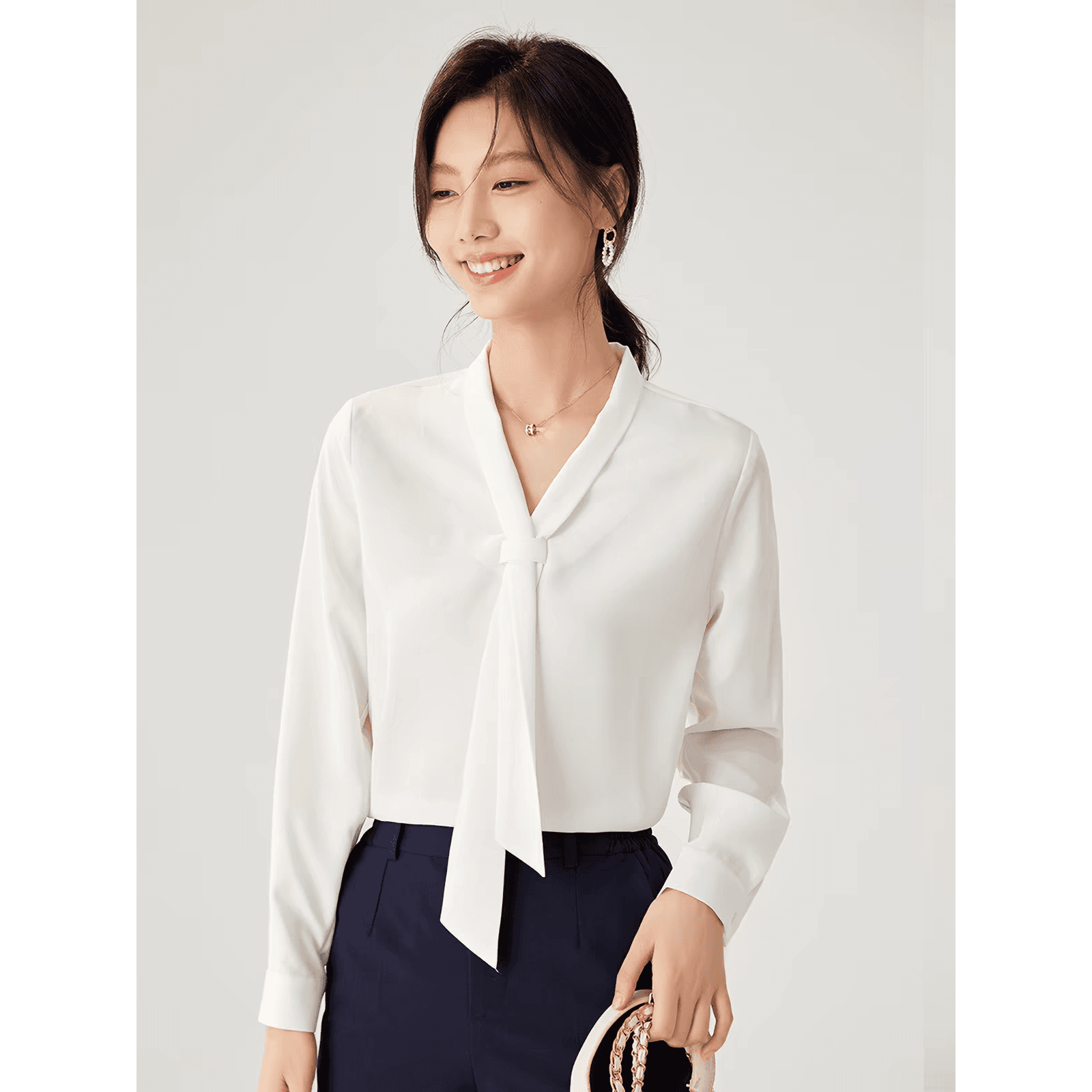 리본 흰 셔츠 여성 긴 소매 가을 출퇴근 경력 쉬폰 면접 긍정적 인 로드 중 작업복 정장 인사이드 가져 가라. 흰 셔츠 이미지 5