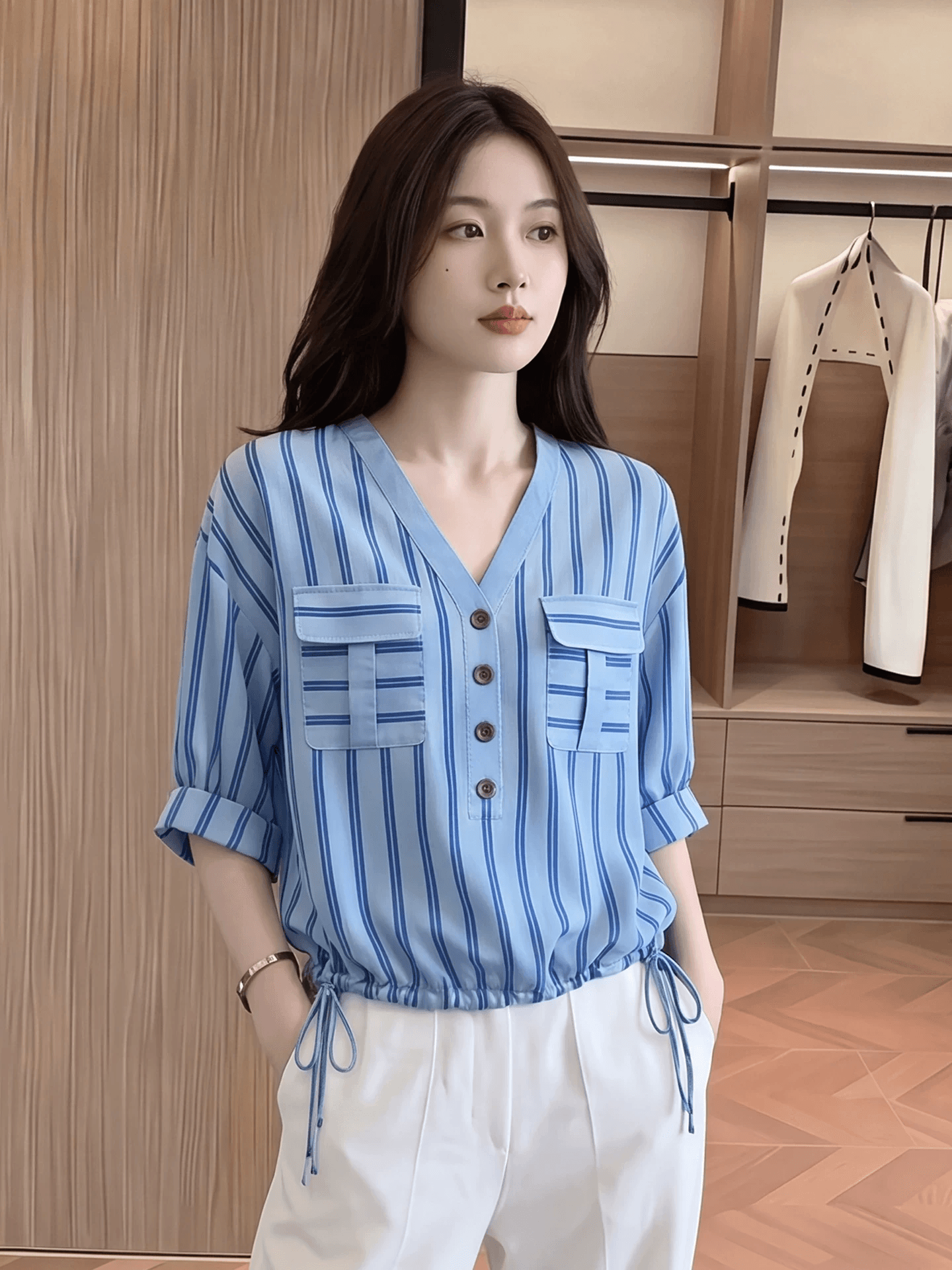 프랑스식 아름다운 파란색 V넥 펌프 로프 반팔 여성 셔츠 여름 출퇴근 착용 가져 가라. 작은 키 싱글 착용 루즈핏 맨위 상세 이미지 2