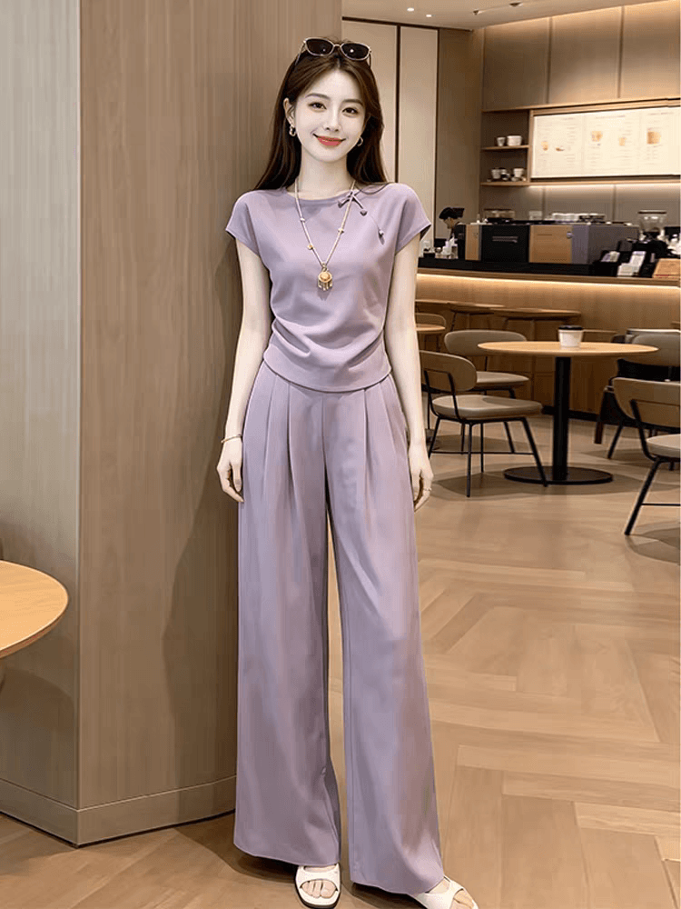 새로운 중식 캐주얼 세트 여성 의류 2026 여름 새로운 아름다운 품격 반팔 맨위 하이웨이스트 캐주얼 롱 바지