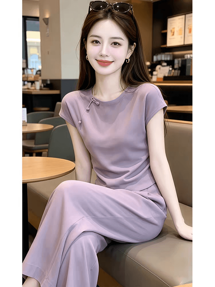 새로운 중식 캐주얼 세트 여성 의류 2026 여름 새로운 아름다운 품격 반팔 맨위 하이웨이스트 캐주얼 롱 바지 상세 이미지 2