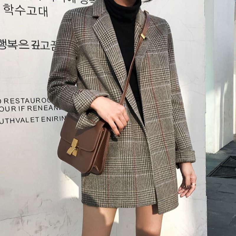 새로운 체크무늬 정장 chic 레트로 루즈핏 중간 길이 양모 니트 체크무늬 작은 양복 여성 코트