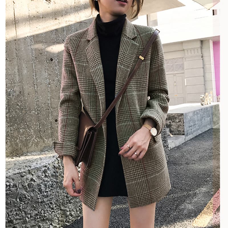 새로운 체크무늬 정장 chic 레트로 루즈핏 중간 길이 양모 니트 체크무늬 작은 양복 여성 코트 이미지 2