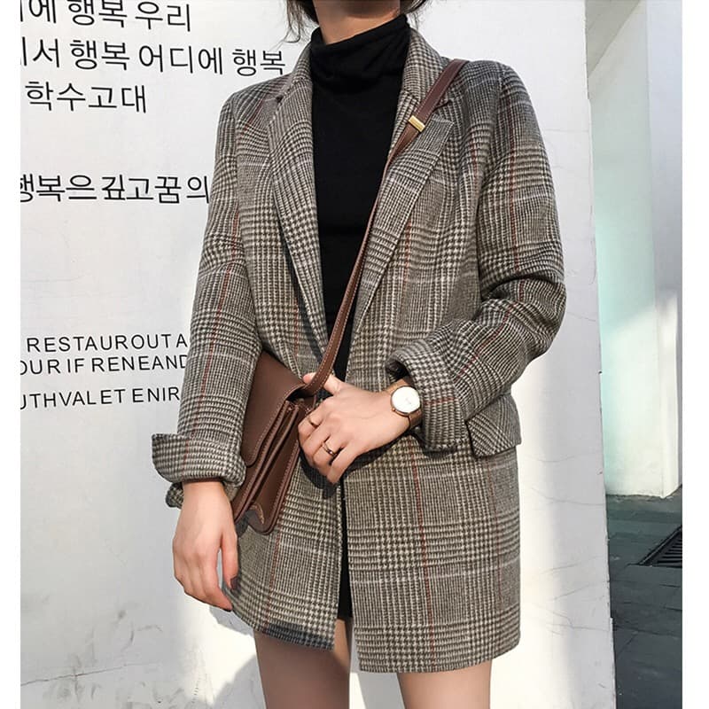 새로운 체크무늬 정장 chic 레트로 루즈핏 중간 길이 양모 니트 체크무늬 작은 양복 여성 코트 이미지 3