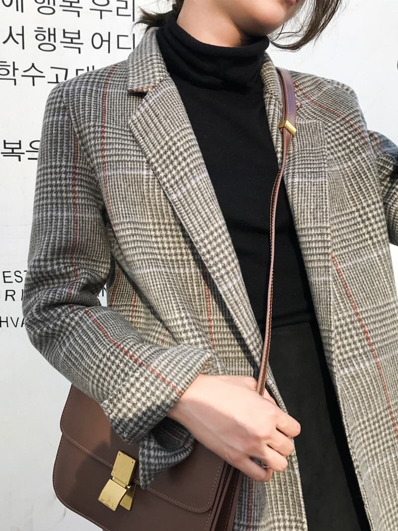 새로운 체크무늬 정장 chic 레트로 루즈핏 중간 길이 양모 니트 체크무늬 작은 양복 여성 코트 이미지 4
