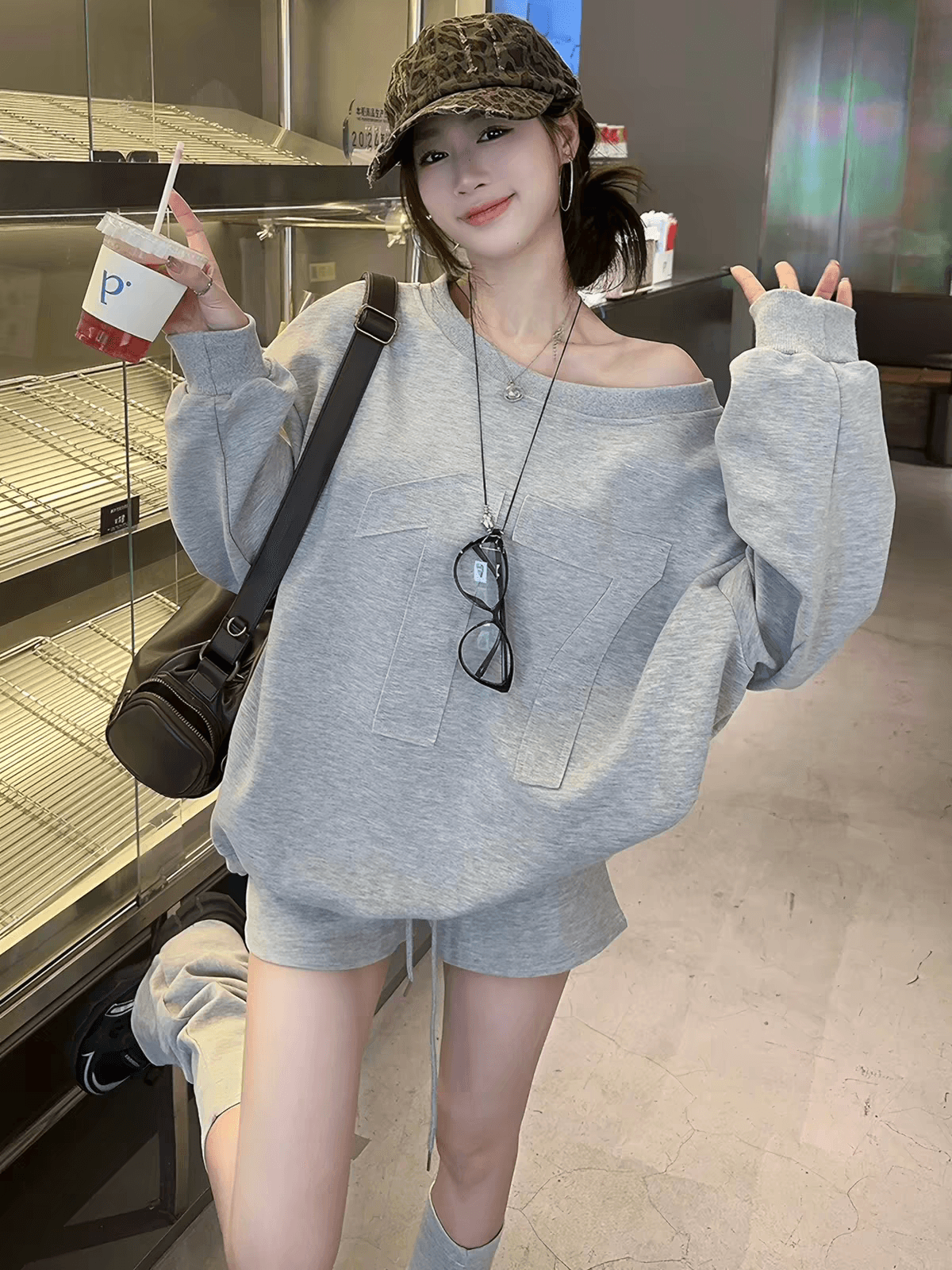 고급 센스 인터넷 유명인 튀김 거리 회색 후드티 반바지 세트 여성 봄 가을 캐주얼 패션 유럽 상품 운동복 투피스 세트 상세 이미지 3