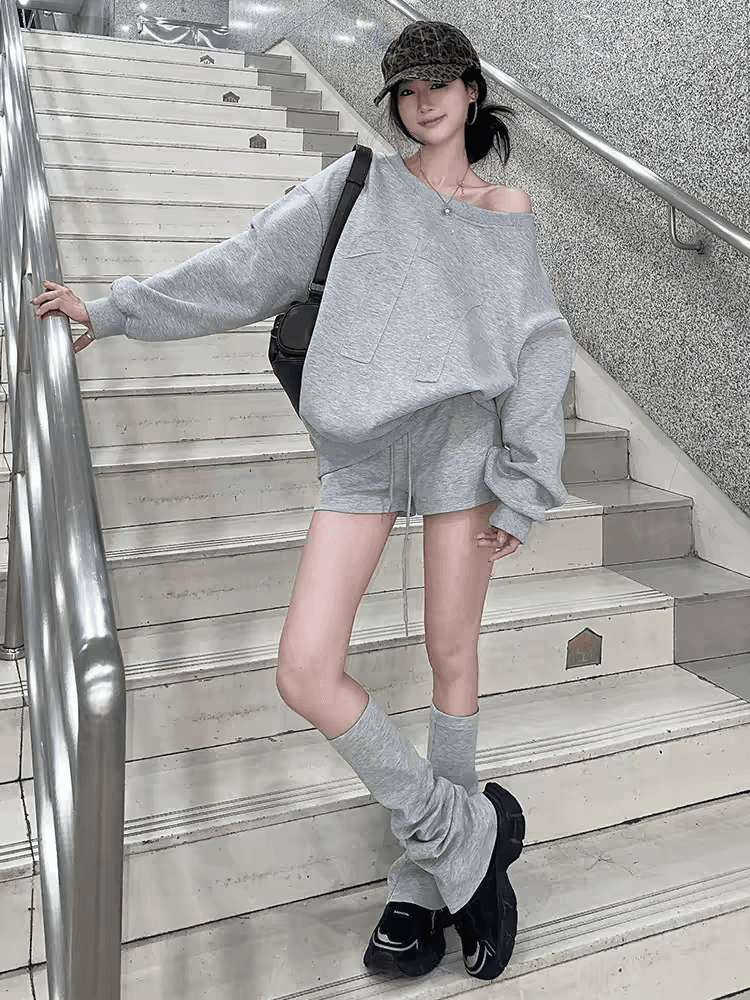 고급 센스 인터넷 유명인 튀김 거리 회색 후드티 반바지 세트 여성 봄 가을 캐주얼 패션 유럽 상품 운동복 투피스 세트 상세 이미지 5