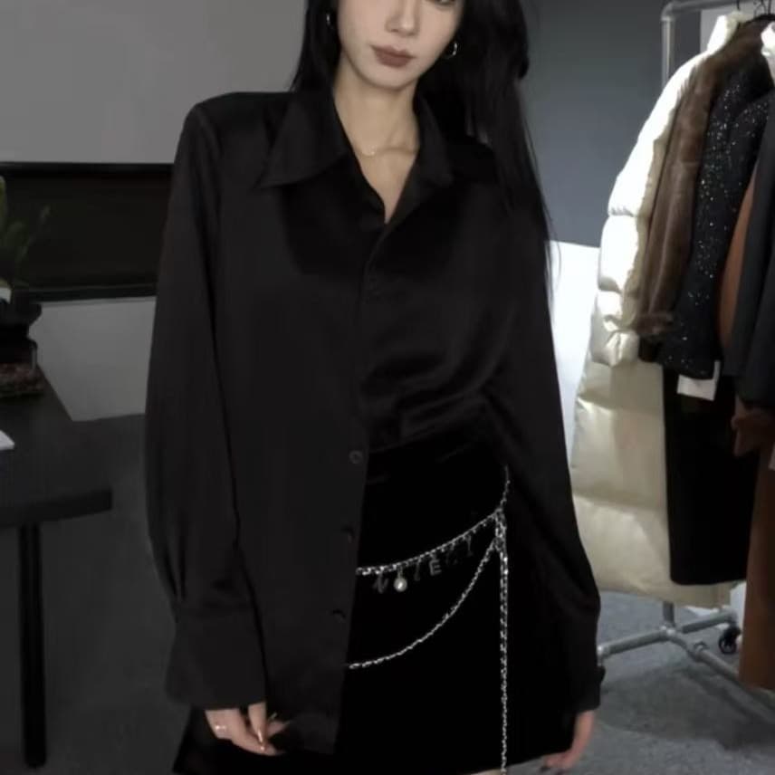 미니멀리즘 새틴 출퇴근 여성 셔츠 2025 새로운 외국 가스 단색 슬림해 보이는 긴팔 디자인 센스 다용도 셔츠 맨위 이미지 5
