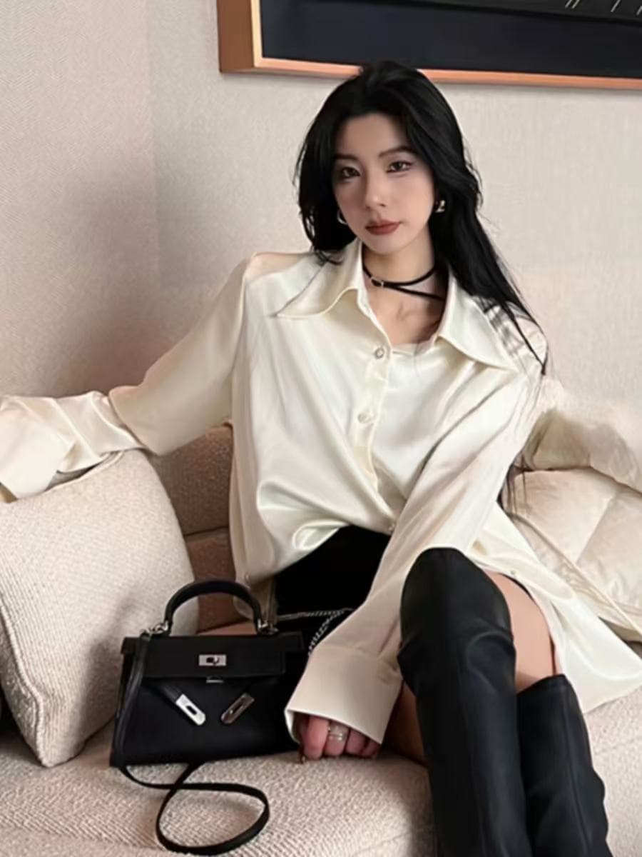 미니멀리즘 새틴 출퇴근 여성 셔츠 2025 새로운 외국 가스 단색 슬림해 보이는 긴팔 디자인 센스 다용도 셔츠 맨위 상세 이미지 2