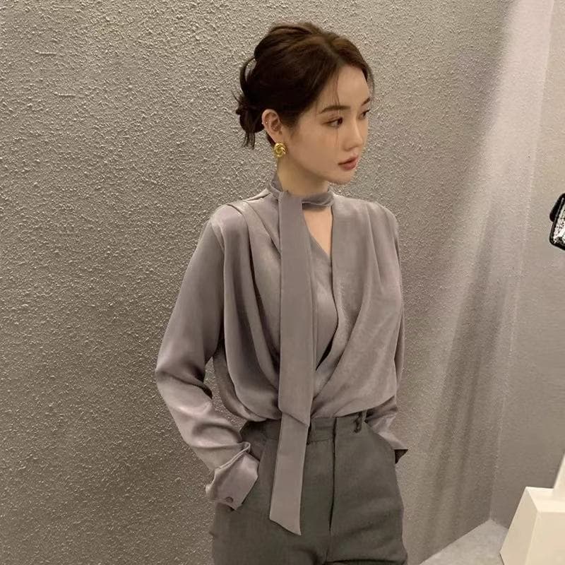고급 센스 빛 럭셔리 아세트산 새틴 여성 셔츠 봄 가을 고유 한 리본 V넥 셔츠 프랑스식 연령 감소 외국 가스 맨위 상세 이미지 3