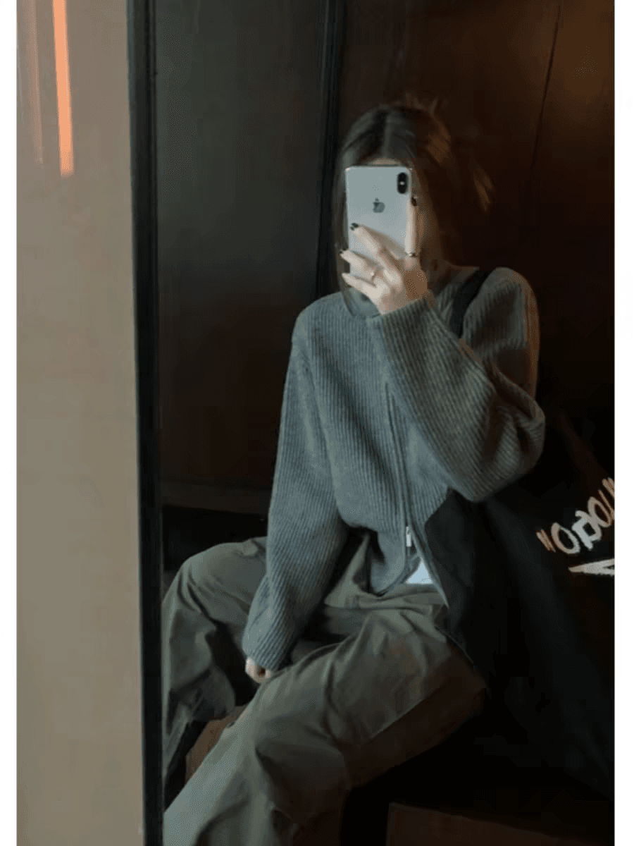 한국 스타일 레트로 더블 지퍼 터틀넥 니트 오픈 가디건 여성 가을 겨울 느긋한 바람 디자인 센스 캐주얼 다용도 폴로 칼라 스웨터 이미지 4