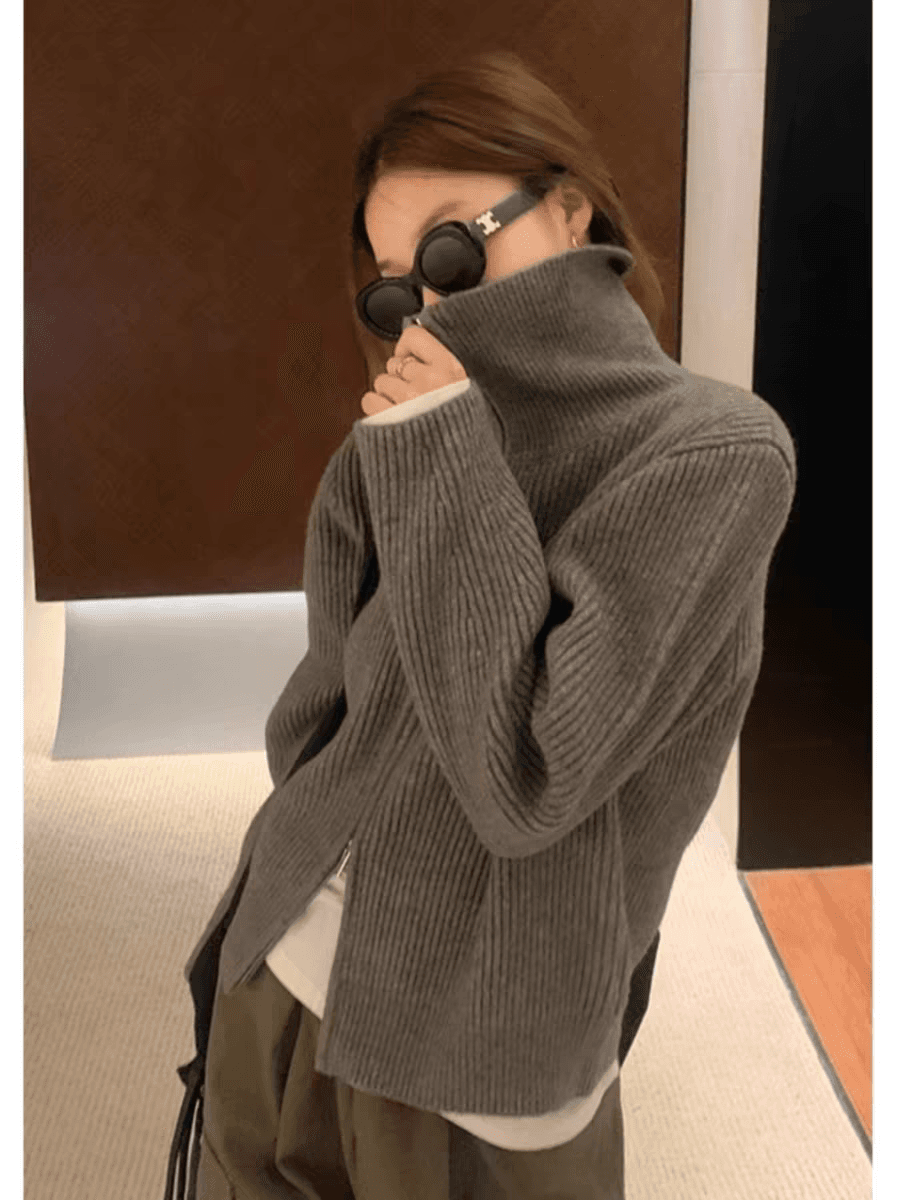 한국 스타일 레트로 더블 지퍼 터틀넥 니트 오픈 가디건 여성 가을 겨울 느긋한 바람 디자인 센스 캐주얼 다용도 폴로 칼라 스웨터 이미지 3