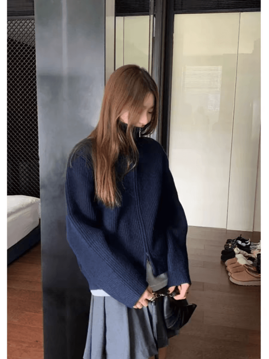 한국 스타일 레트로 더블 지퍼 터틀넥 니트 오픈 가디건 여성 가을 겨울 느긋한 바람 디자인 센스 캐주얼 다용도 폴로 칼라 스웨터 상세 이미지 1