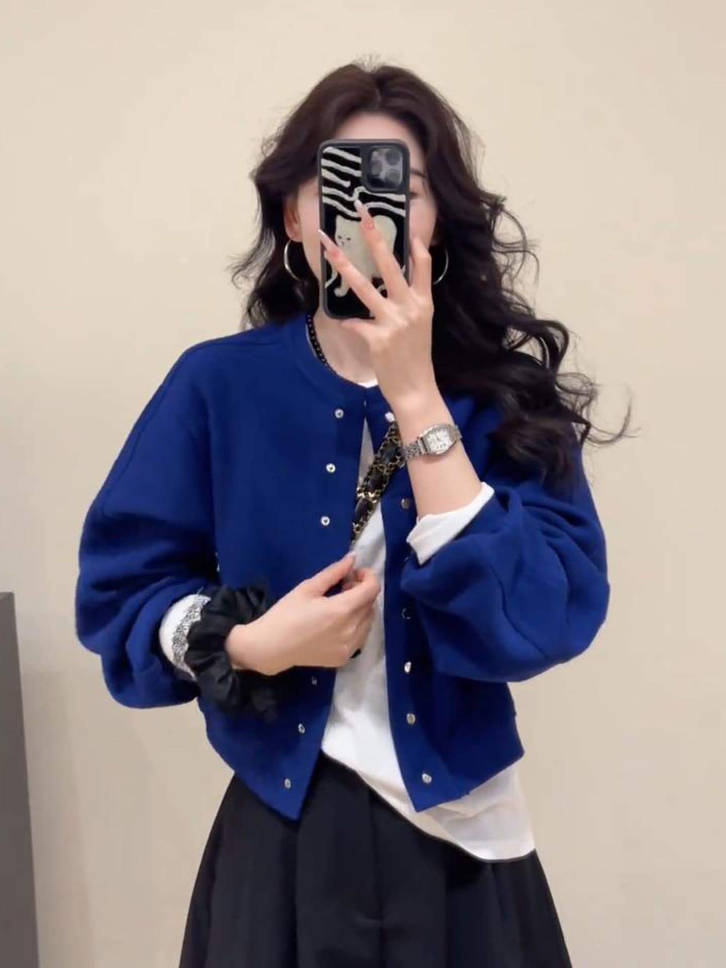 조기 가을 고유 한 슈퍼 잘 생긴 파란색 여성 코트 올해 인기 후드티 루즈핏 쇼트 스타일 재킷 야구 유니폼 맨위 이미지 3