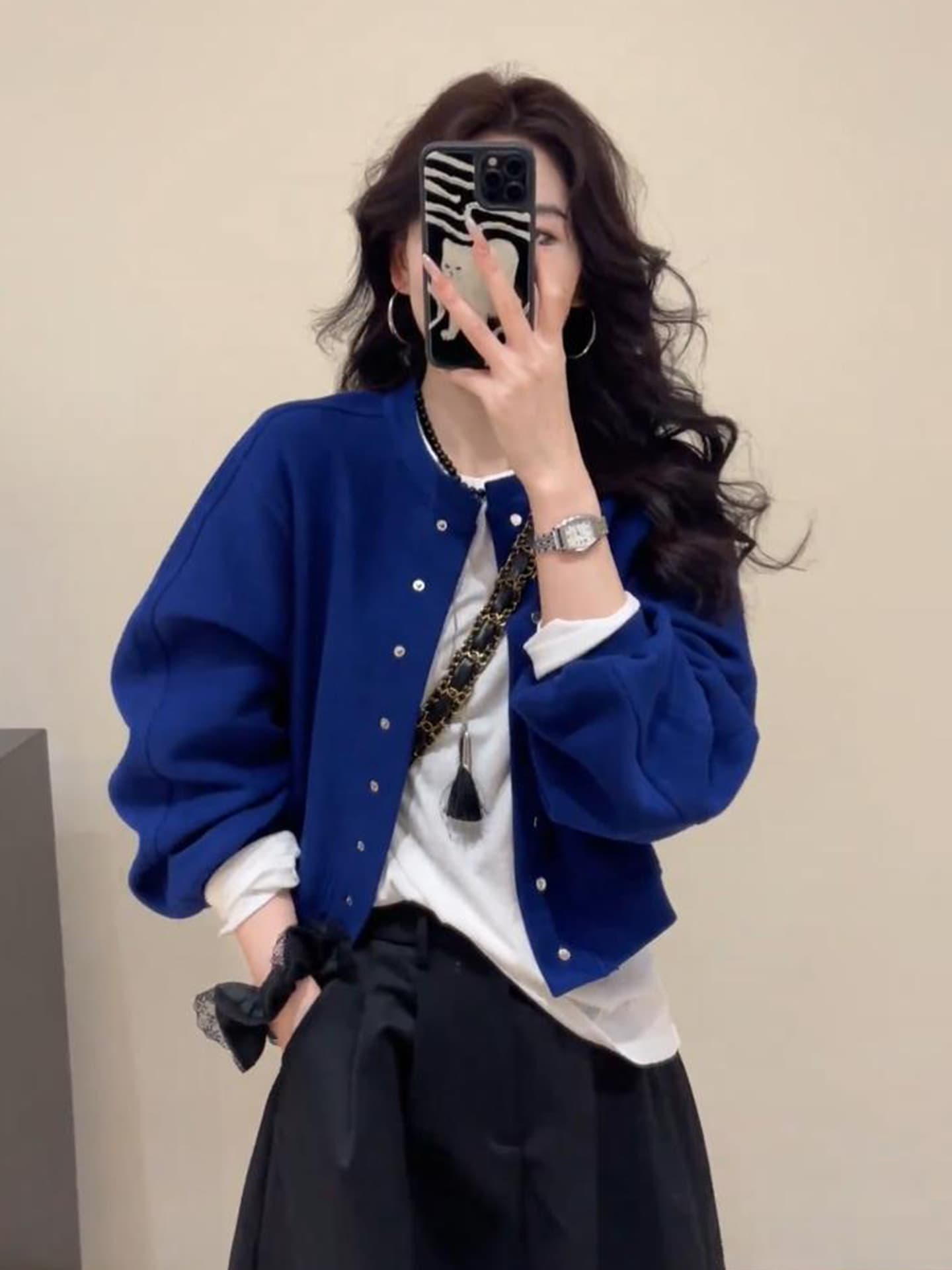 조기 가을 고유 한 슈퍼 잘 생긴 파란색 여성 코트 올해 인기 후드티 루즈핏 쇼트 스타일 재킷 야구 유니폼 맨위 상세 이미지 4