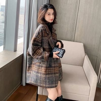 체크무늬 모직 여성 코트 작은 키 2026 가을 겨울 새로운 인기 한국 스타일 루즈핏 모직 코트 여자 중간 롱 코트 상세 이미지 5