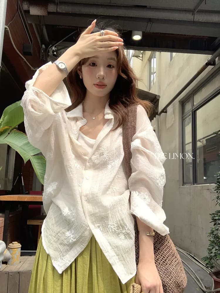 한 부서 자수 느슨함 센스 긴팔 주간 실크 여성 셔츠 여름 아름다운 얇고 가벼운 통기성 루즈핏 자외선 차단 오픈 가디건 맨위 이미지 2