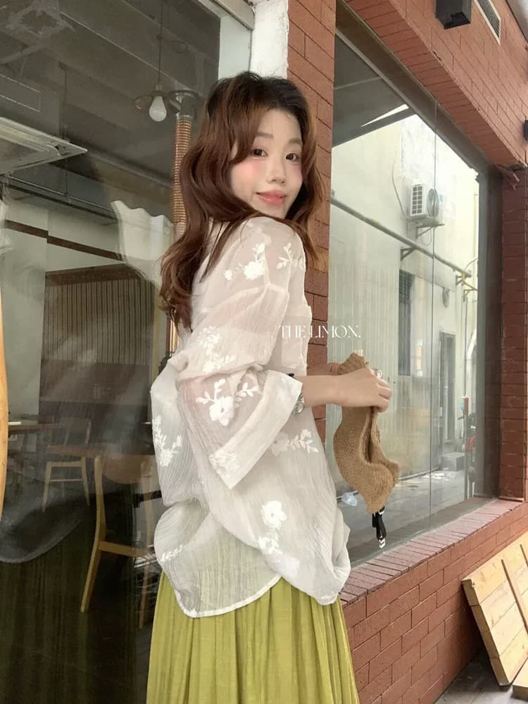 한 부서 자수 느슨함 센스 긴팔 주간 실크 여성 셔츠 여름 아름다운 얇고 가벼운 통기성 루즈핏 자외선 차단 오픈 가디건 맨위 이미지 3