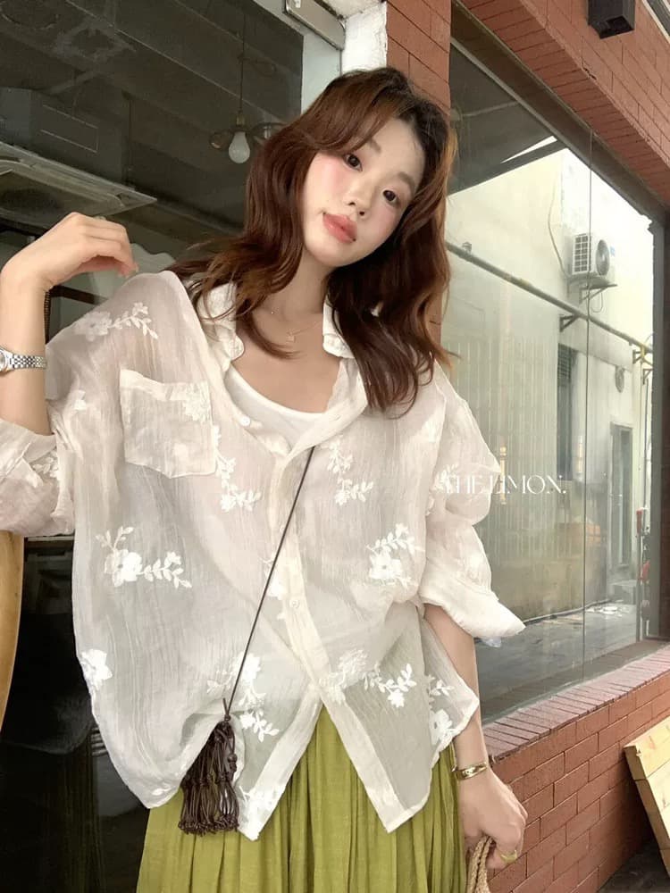 한 부서 자수 느슨함 센스 긴팔 주간 실크 여성 셔츠 여름 아름다운 얇고 가벼운 통기성 루즈핏 자외선 차단 오픈 가디건 맨위 상세 이미지 4