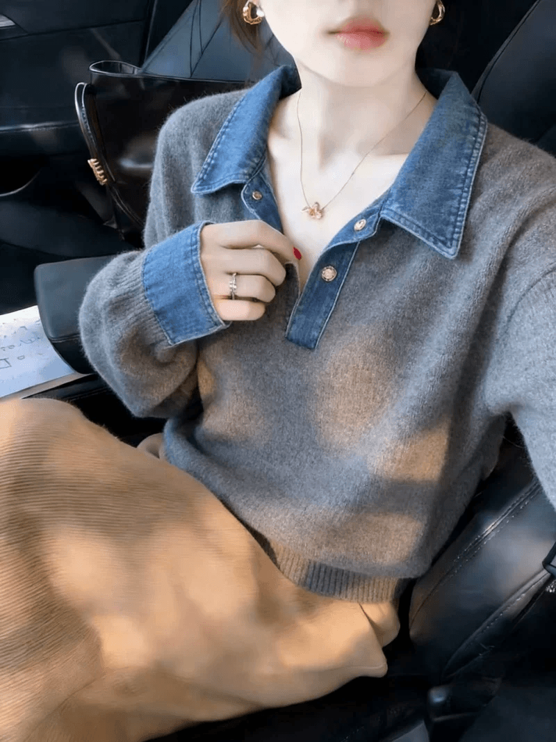 보존 폭발 추천 데님 패치워크 POLO 칼라 니트 스웨터 여자 봄 레트로 고급 센스 다용도 맨위 상세 이미지 3