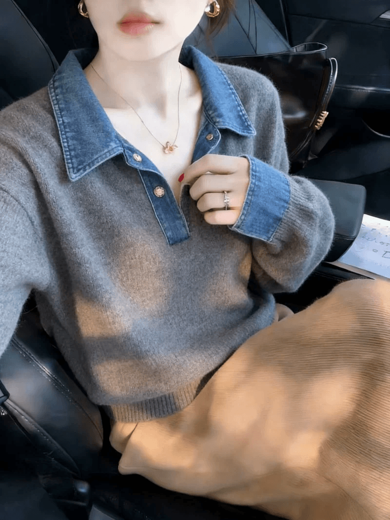 보존 폭발 추천 데님 패치워크 POLO 칼라 니트 스웨터 여자 봄 레트로 고급 센스 다용도 맨위 상세 이미지 4