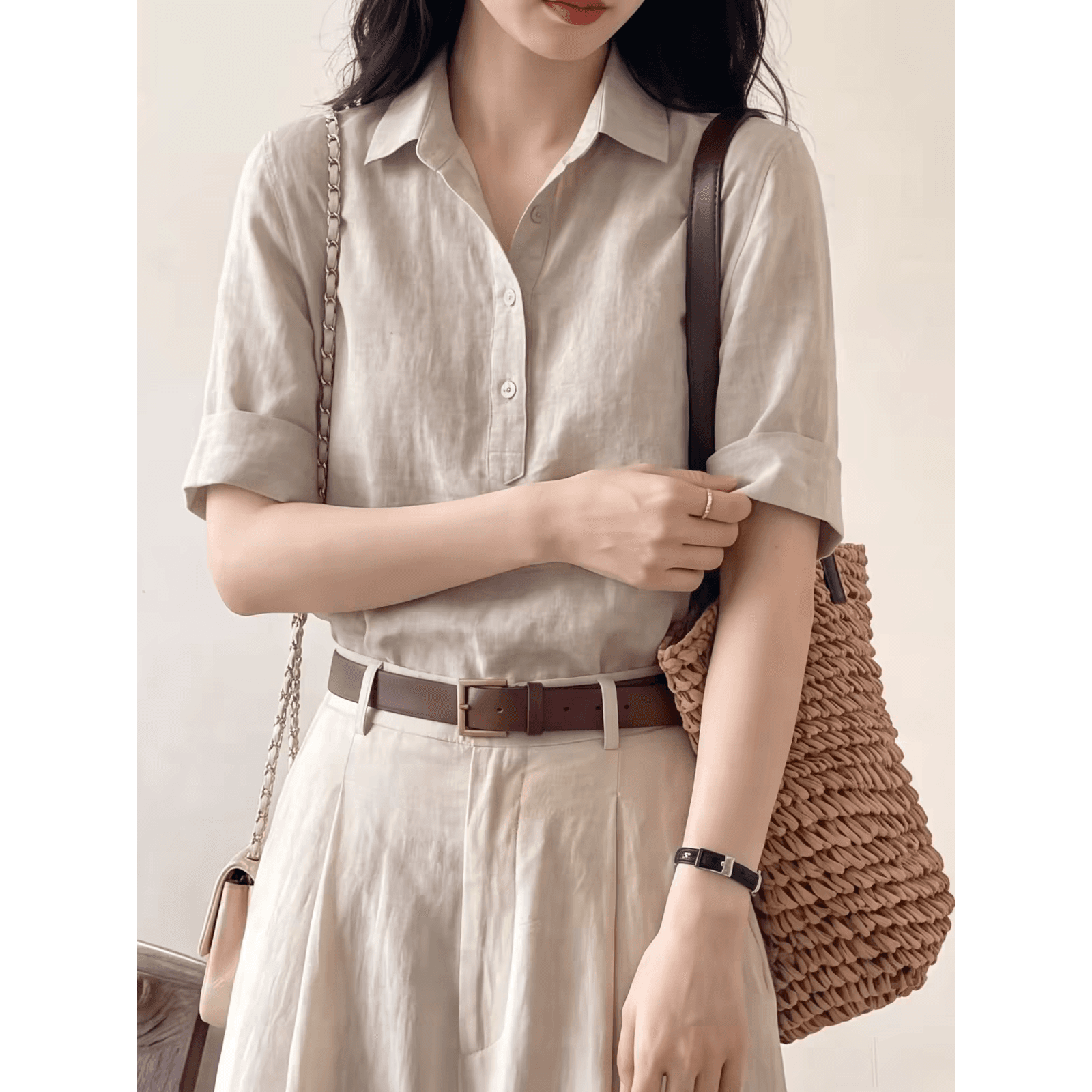 오래된 돈 바람 회색 아마 V넥 반팔 여성 셔츠 여름 얇은 스타일 고급 센스 폴로 칼라 면 린넨 셔츠 블라우스 맨위 이미지 3