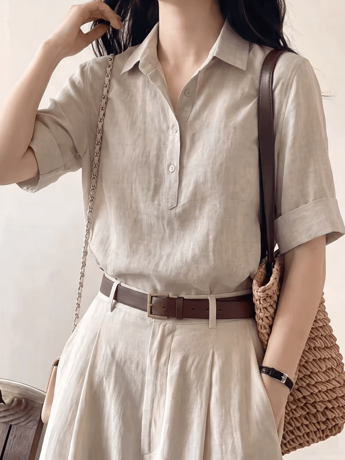 오래된 돈 바람 회색 아마 V넥 반팔 여성 셔츠 여름 얇은 스타일 고급 센스 폴로 칼라 면 린넨 셔츠 블라우스 맨위