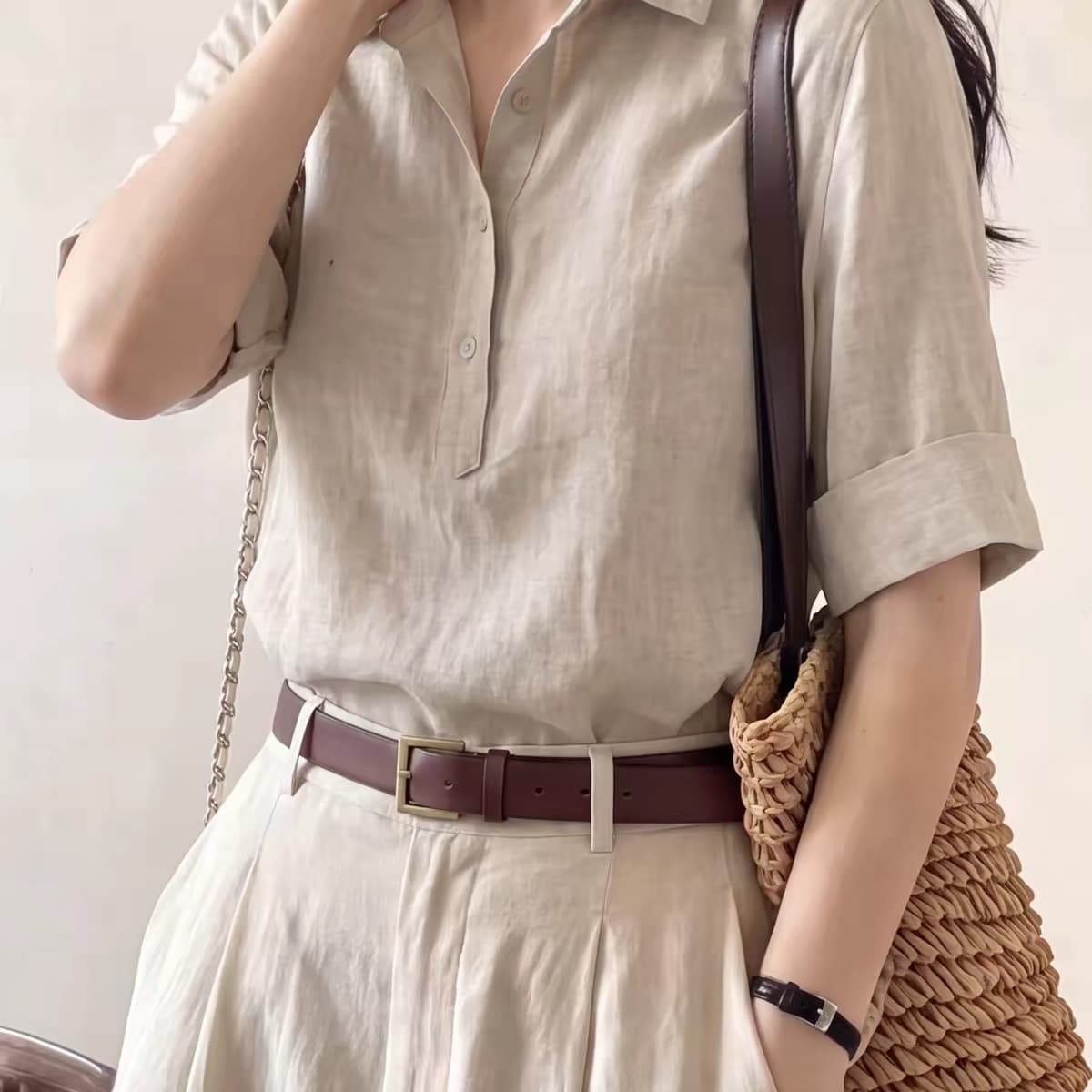오래된 돈 바람 회색 아마 V넥 반팔 여성 셔츠 여름 얇은 스타일 고급 센스 폴로 칼라 면 린넨 셔츠 블라우스 맨위 이미지 5