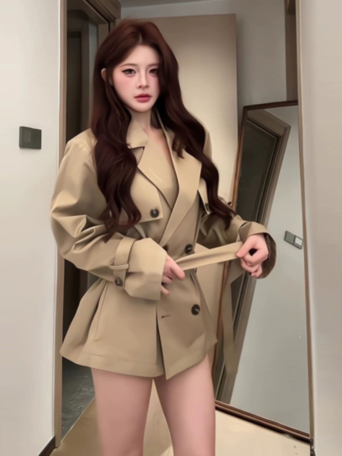 영국식 바람 카키 색 바람막이 여성 코트 봄 가을 새로운 고급 센스 품격 허리 수축 작은 키 쇼트 스타일 코트